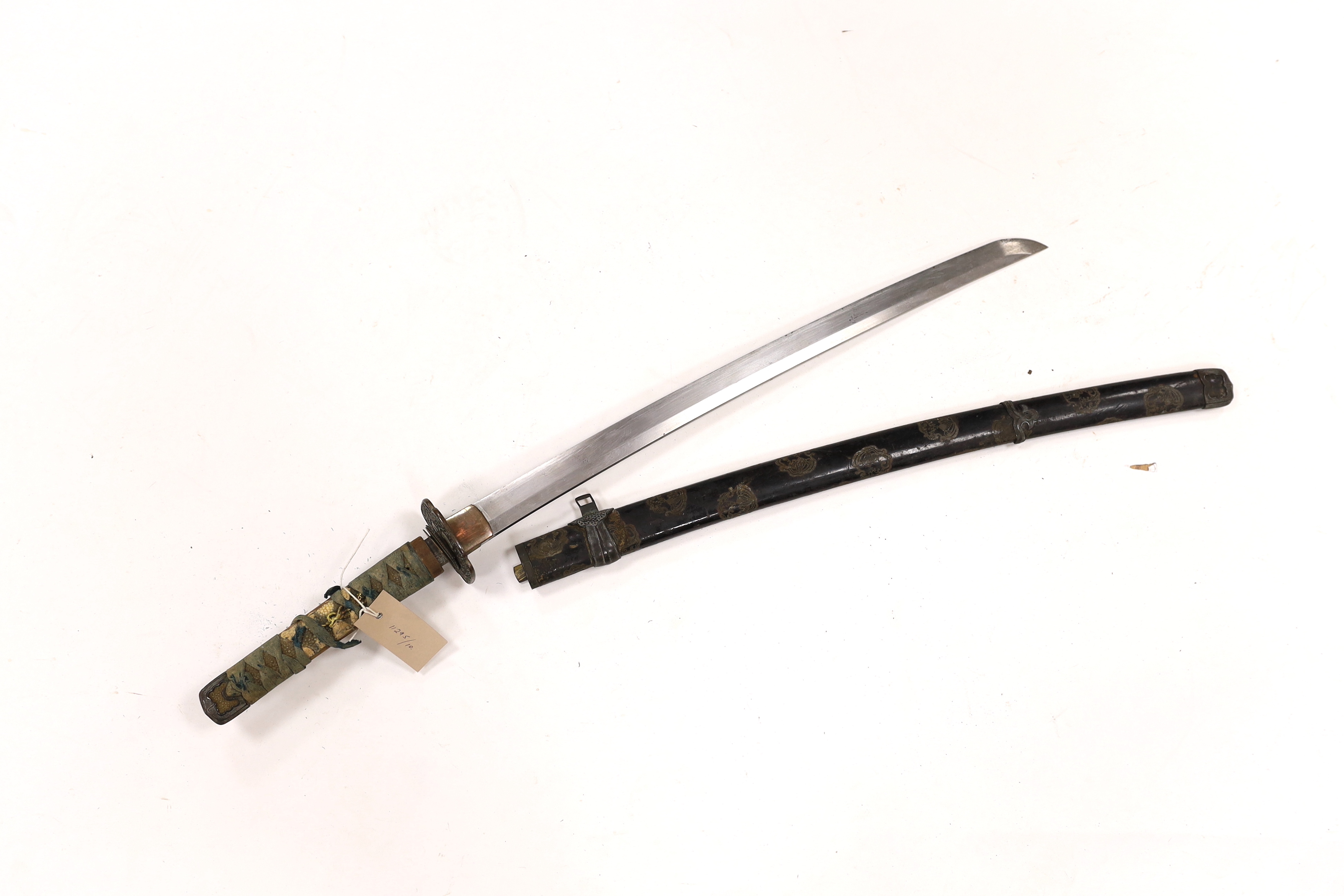 A 19th century Japanese katana with signature to the tang, with chiselled bronze tsuba and gilt metal menuki, and six various knives, blade 57cm